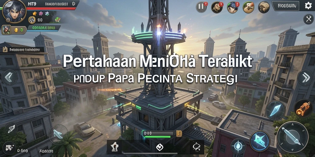 Screenshot gameplay HIT9 menampilkan aksi pertahanan menara yang intens.