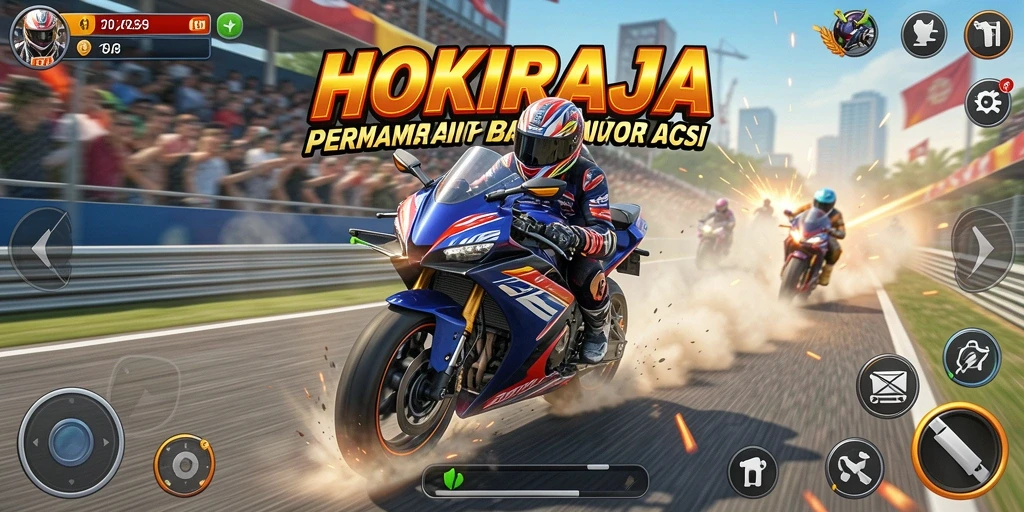 Gameplay seru HOKIRAJA dengan balapan motor yang mendebarkan.