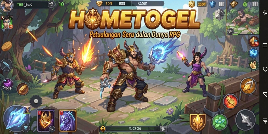 Tampilan gameplay utama HOMETOGEL yang penuh aksi RPG.