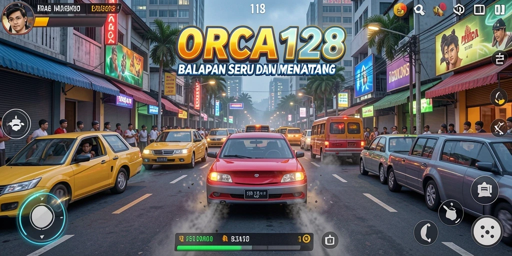 Screenshot gameplay ORCA128 menunjukkan mobil balap dalam aksi di trek yang menantang.