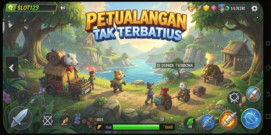 Screenshot gameplay SLOT123 menunjukkan petualangan mendebarkan di dunia terbuka.
