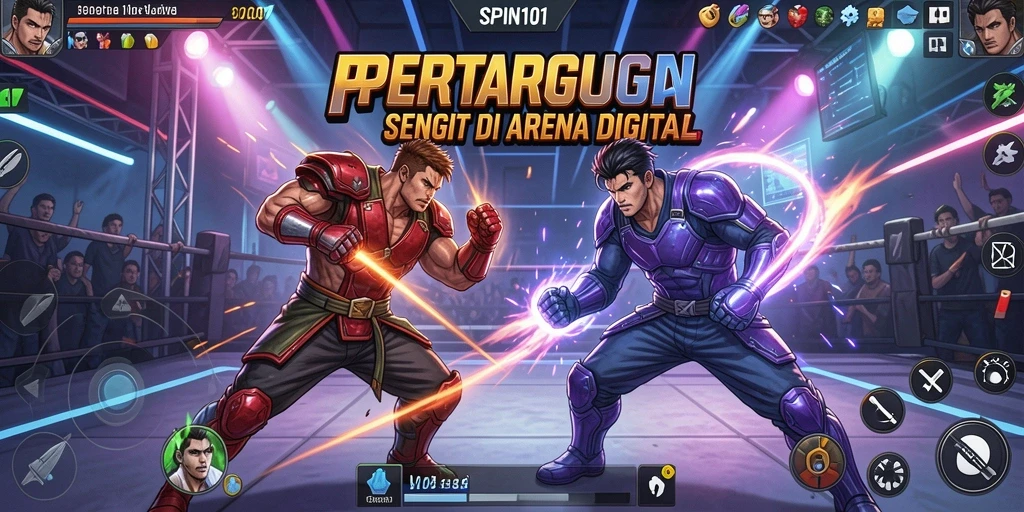 Gameplay SPIN101 menunjukkan pertarungan seru di arena yang menantang.